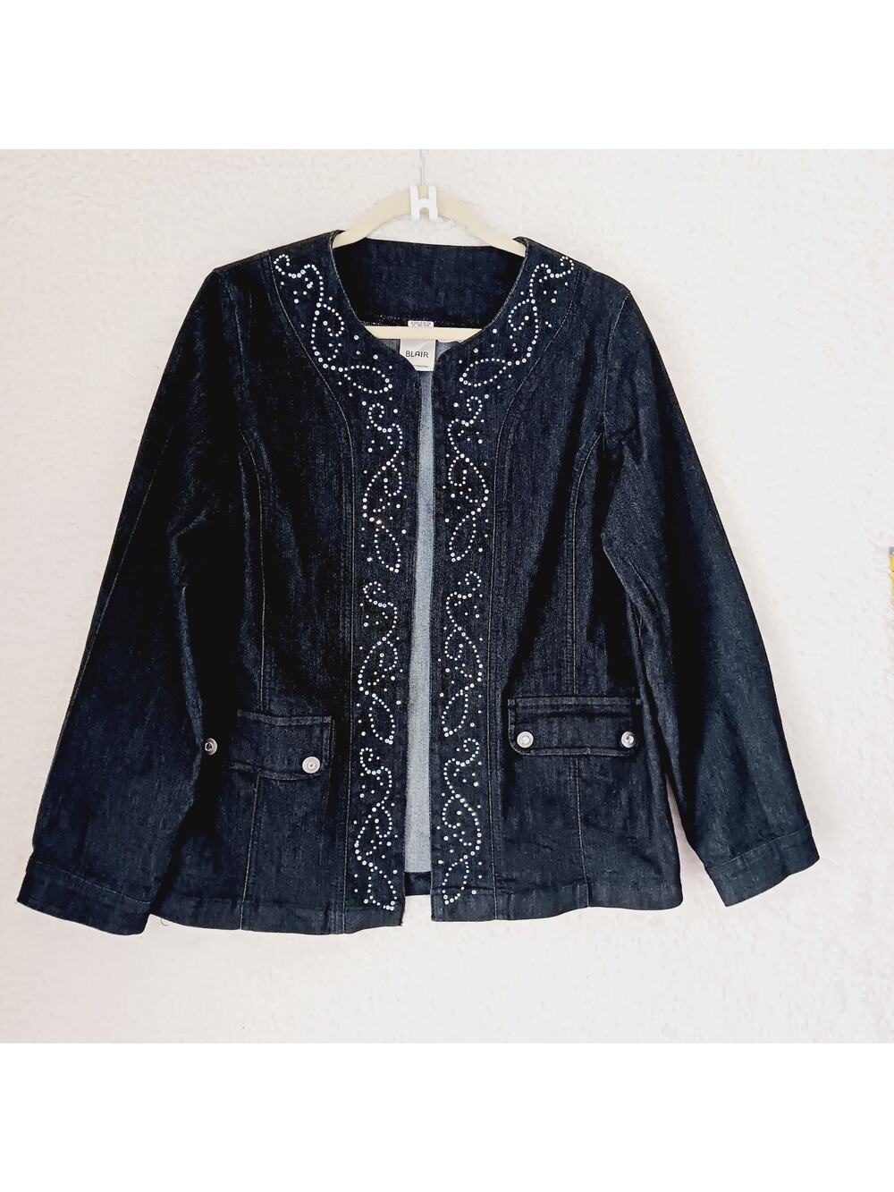 Jacket Women Open Blair Black Denim Rhinestones Snap Pockets Cuffs Unlined Sz M